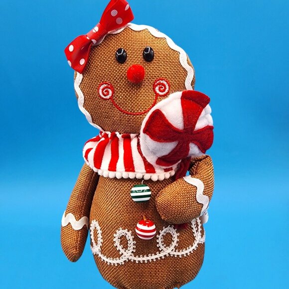 Gingerbread Girl Plush Shelf Sitter Doll Peppermint & Polka Dot Bow Holiday Deco - Picture 5 of 8
